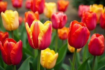 Fototapeta premium Close-up of various tulip flowers of different colors and shapes, background, botanical