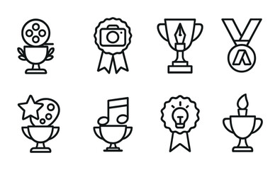 Award and achievement icons set – outline style recognition and success symbols for celebrations: trophy, medal, camera, paint palette, music note, idea, film reel