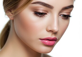 Naklejka premium Close up portrait of a young woman with pink lipstick and natural makeup