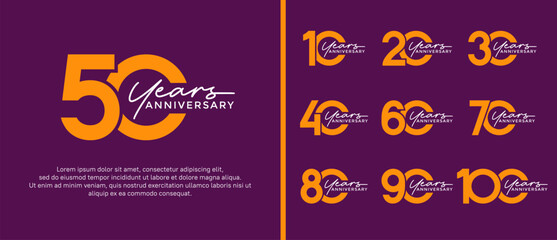 set of anniversary logo flat yellow color on purple background for celebration moment