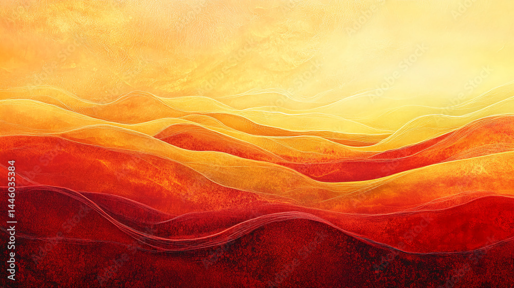 Poster abstract artwork depicting layered, flowing hills in shades of red, orange, and yellow, creating a w