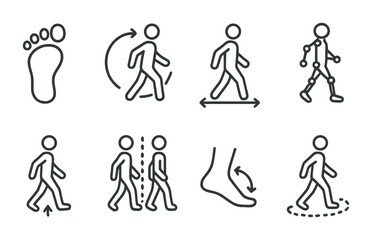 Human motion outline icons set – linear style fitness and exercise symbols for movement analysis: footprint, walking, direction, stride, gait, posture, foot motion, step cycle.