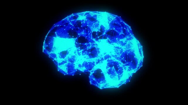 Holographic Brain Formed by Bright Blue Particles on LCD Screen, Rotating 360 Degrees Before Exploding into Polygon Dust &ndash; Futuristic Neural AI Visualization