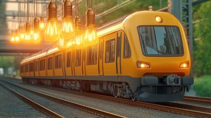 Fototapeta premium A yellow passenger train travels on a railway track under a bridge with hanging incandescent light bulbs glowing warmly. The scene is set outdoors in