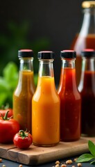 Collection of gourmet sauces in small bottles, colorful, different