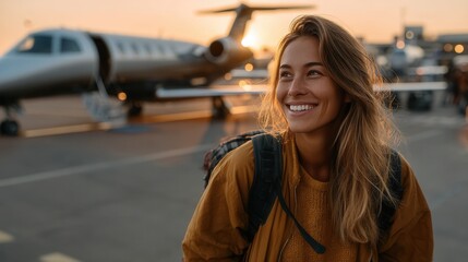Fototapeta premium Happy young woman traveling at airport during sunset
