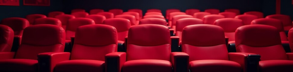 Obraz premium Comfortable red theater seat in empty cinema room, room, comfortable, cinema
