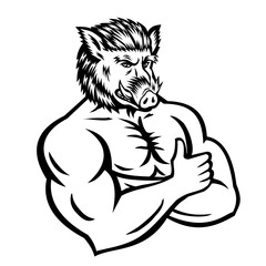 Mascot illustration of an angry wild boar pig man with arms crossed and thumb up standing viewed from front on isolated background done in retro black and white style.
