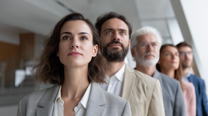 Fototapeta premium A group of business people stands together in a sleek office, looking confidently ahead. Their expressions reflect determination and unity as they prepare for an important discussion