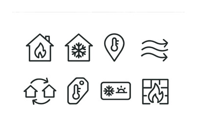 Home heating and cooling icon set – outline style temperature control, hvac, and energy efficiency symbols for smart homes: thermostat, flame, snowflake, airflow, brick wall, energy tag.