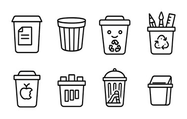 Office and workplace outline icons set &ndash; linear style stationery, organization, and productivity symbols for efficient planning: document bin, trash can, recycling container, pen holder, apple waste,