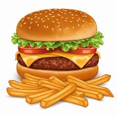 A vector illustration of a gourmet burger with lettuce, tomato, and cheese, served with crispy fries.
