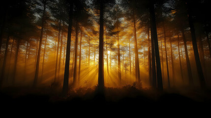 Golden Sunset Rays in a Misty Autumn Forest