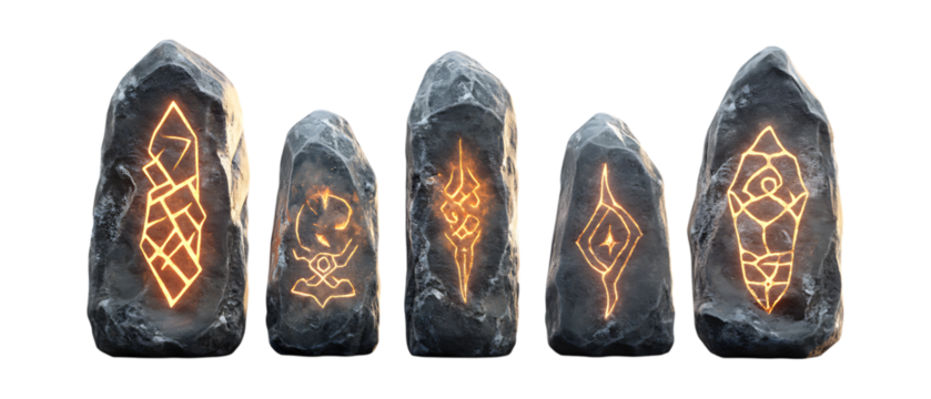 Pack of Glowing Rune Stone Against Transparent Background for Fantasy Design, Mystical Branding, or Gaming Projects