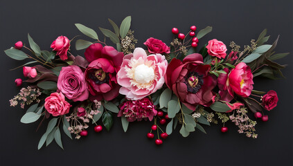 Elegant Floral Arrangement of Roses and Peonies on a Dark Background