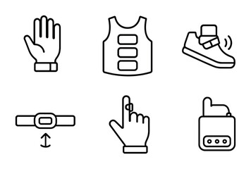 Security and safety outline icons set – linear style for protection, surveillance, and defense: hand, vest, shoe, belt, fingerprint, camera, lock.