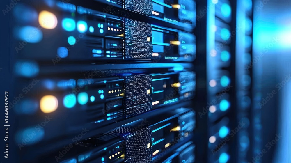 Poster Close-up of glowing server rack with blue and orange LED lights, ideal for tech presentations, data center visuals, or cloud computing concepts