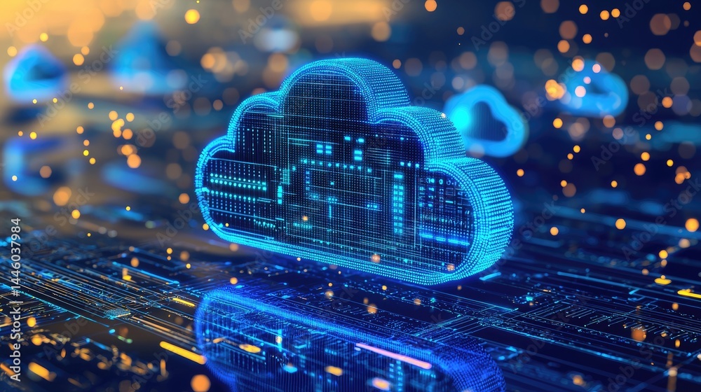 Aufkleber Digital cloud computing concept with illuminated circuit and data particles, ideal for cloud platforms, storage technology, or cybersecurity content