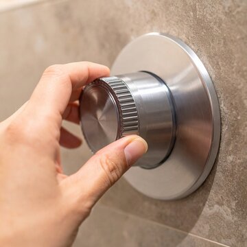 Hand adjusting metal shower knob on tile wall