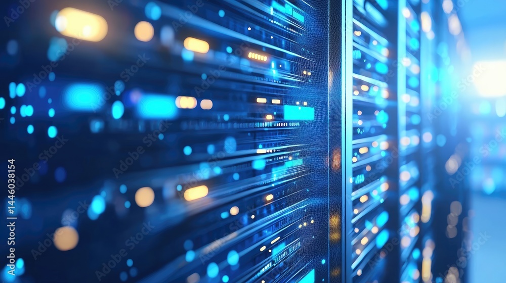 Poster blurry foreground server panel with glowing blue lights, great for abstract cloud computing visuals,