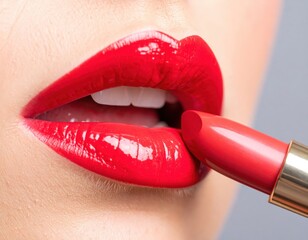 Naklejka premium Close-up of red lipstick application on caucasian female lips