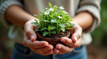 A pair of gentle hands cradle a lush, vibrant green plant with delicate white flowers, its leaves sprouting from a small pot, nestled comfortably in the palms, conveying a sense of care and nurturing,