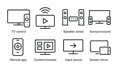 Home theater outline icons – linear entertainment, media control, and audio settings symbols: tv control, speaker zones, surround sound, remote app, input source, screen mirror.