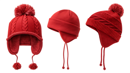 set of red winter hats isolated on white background PNG. AI GENERATED