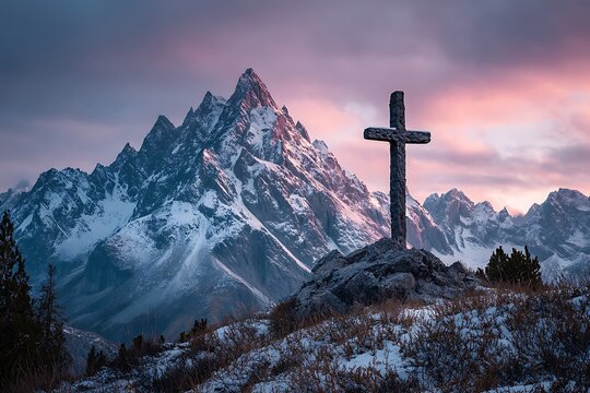 A cross at sunrise over majestic mountains, isolated on a diffrent collers background, symbolizing spirituality and natural beauty.