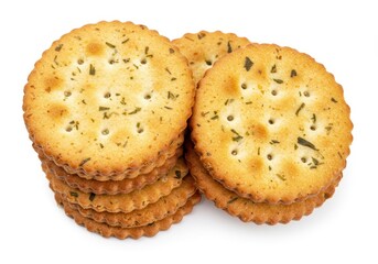 Stack of savory crackers with herb seasoning on white background