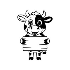 Cheerful Cow Holding Sign: A cute, smiling cow illustration with a black and white pattern, playfully holding a blank wooden sign, symbolizing messaging and announcement in an adorable graphic.