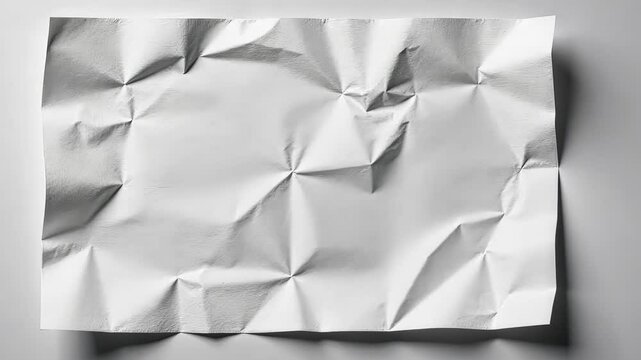 Wrinkled white paper with sharp creases and texture, realistic style, laying on a neutral gray surface, concept of imperfection or design