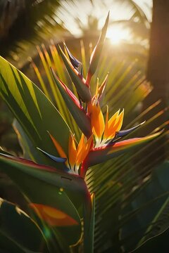 Beautiful tropical sunset illuminating vibrant heliconia flower in lush jungle setting. Strelicia orange flowers close up