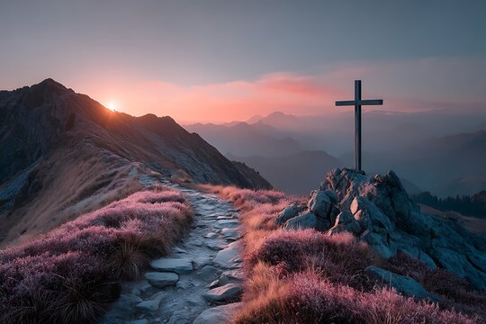 A cross at sunset over a mountain path, isolated on a diffrent collers background, representing peace and reflection in nature.