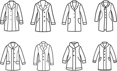 set of coat line art, black outline, vector and illustration, coloring book page line art drawing
