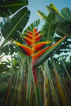 Explore a vibrant tropical garden filled with lush banana plants and colorful heliconia flowers at sunset. Strelicia orange flowers close up