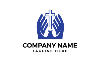A cross with two hands logo design. Religious logo template.