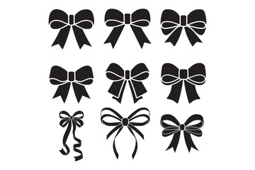Set of black ribbon bow silhouettes vector illustration collection isolated on white background for decoration, gift wrap, fashion design, festive packaging, wedding, and craft elements"
