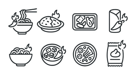 Spicy food icon set – outline style culinary, hot cuisine, and flavor symbols for asian street food: noodles, curry, bento box, burrito, ramen, kimchi, chips.