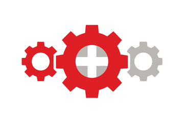 Fototapeta premium Three mechanical gears, showing Swiss flag inside the center, red gear