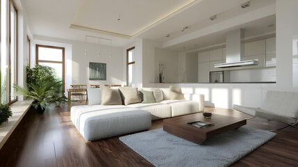 A spacious, bright living room with modern minimalist decor and open kitchen space. The area is designed with clean lines and natural materials, highlighted by sunlight coming through the open windows