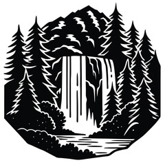 Waterfall Cascade Monotone with Evergreen Trees Silhouette Scenic Landscape