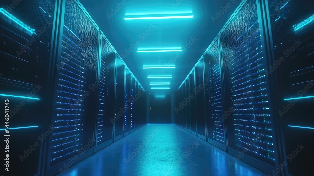 Poster Illuminated server corridor with blue lighting, ideal for cybersecurity backgrounds, hosting ads, or futuristic networking visual concepts