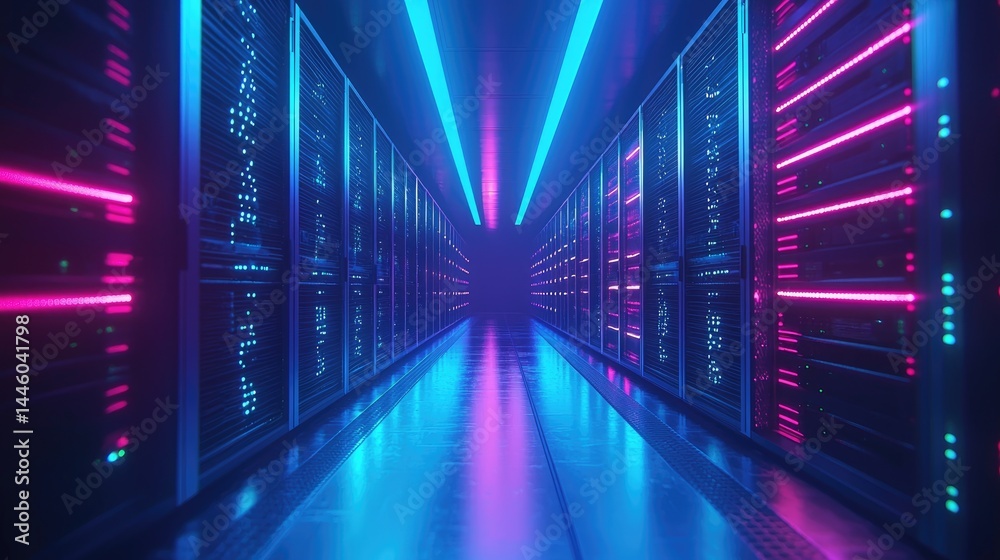 Poster server hall with glowing blue racks in minimalist setup, great for it services, network management v