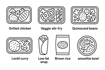 Healthy eating outline icons set – flat style nutrition, meal prep, and fitness symbols for diet planning: grilled chicken, veggie stir-fry, quinoa and beans, lentil curry, low-fat wrap, brown rice,