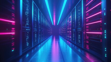 Obraz premium Server hall with glowing blue racks in minimalist setup, great for IT services, network management visuals, and futuristic system architecture