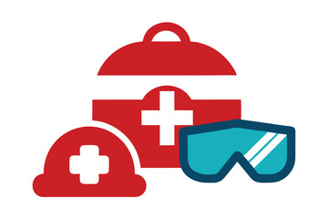 Obraz premium Safety First Essential Gear Icons Depicting Hard Hat, Safety Glasses, First Aid Kit