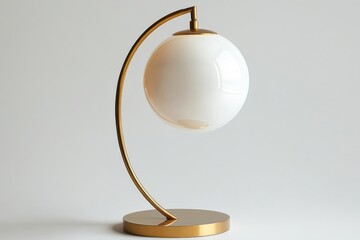 Elegant Mid Century Modern table lamp with a spherical white glass shade and a curved gold metal