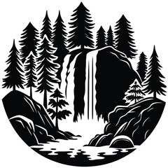 Cascading Waterfall Silhouette Surrounded by Pine Trees and Grass in Forest Scenery