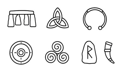 Celtic and viking outline icons set – line style mythical, ancient symbols for history enthusiasts: stonehenge, triquetra, torc, shield, triskele, rune, drinking horn.